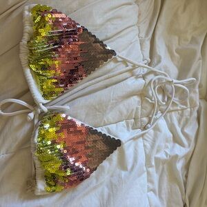 Victorias Secret Sequin Triangle Bikini Top in Multicolor (Pink/Gold/Green)